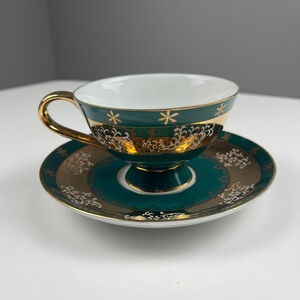 Shafford hand painted cup and saucer green gold made in Japan